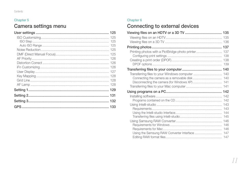Connecting to external devices, Camera settings menu | Samsung EV-NX1000BFWUS User Manual | Page 12 / 184