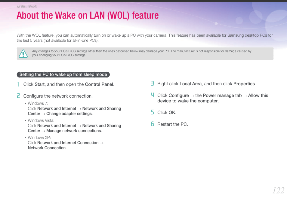 About the wake on lan (wol) feature, Setting the pc to wake up from sleep mode | Samsung EV-NX1000BFWUS User Manual | Page 123 / 184