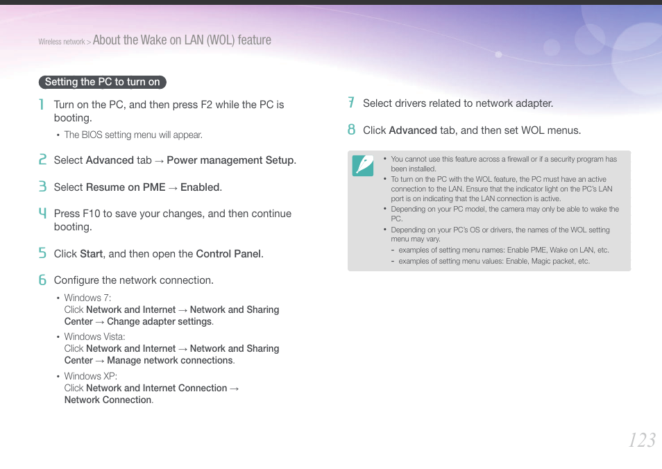 Setting the pc to turn on, About the wake on lan (wol) feature | Samsung EV-NX1000BFWUS User Manual | Page 124 / 184