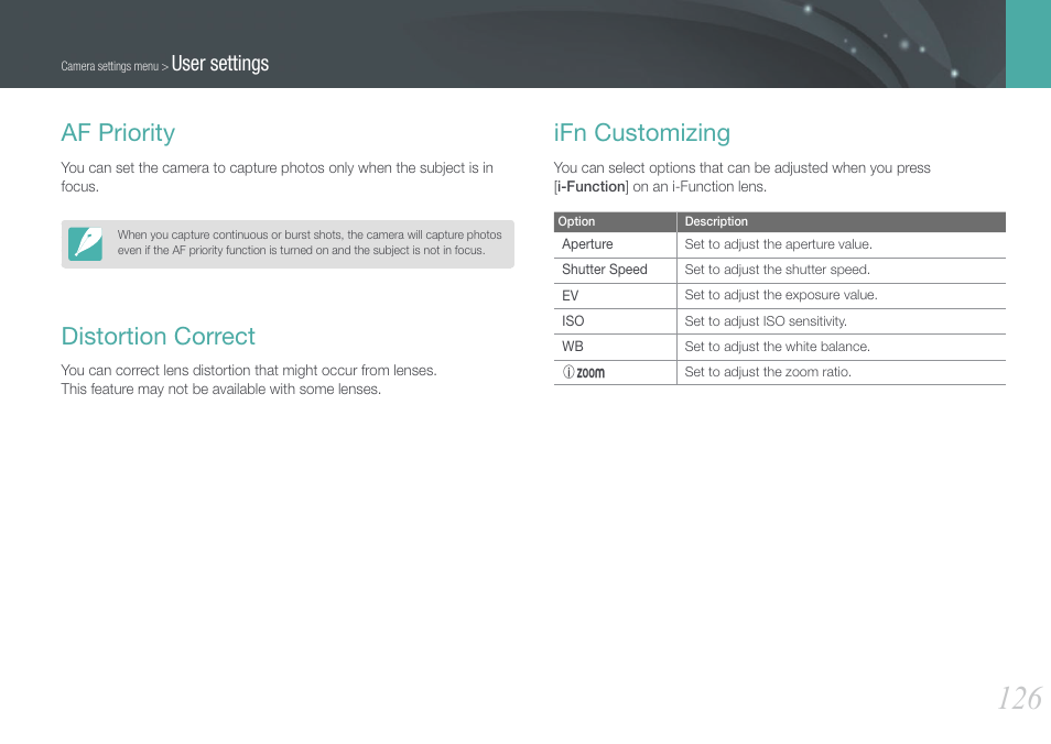 Af priority, Distortion correct, Ifn customizing | Af priority distortion correct ifn customizing, User settings | Samsung EV-NX1000BFWUS User Manual | Page 127 / 184