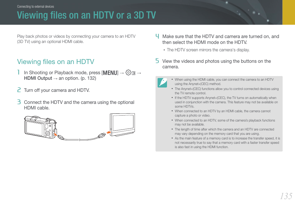 Viewing files on an hdtv or a 3d tv, Viewing files on an hdtv, Viewing ﬁles on an hdtv or a 3d tv | Viewing ﬁles on an hdtv | Samsung EV-NX1000BFWUS User Manual | Page 136 / 184