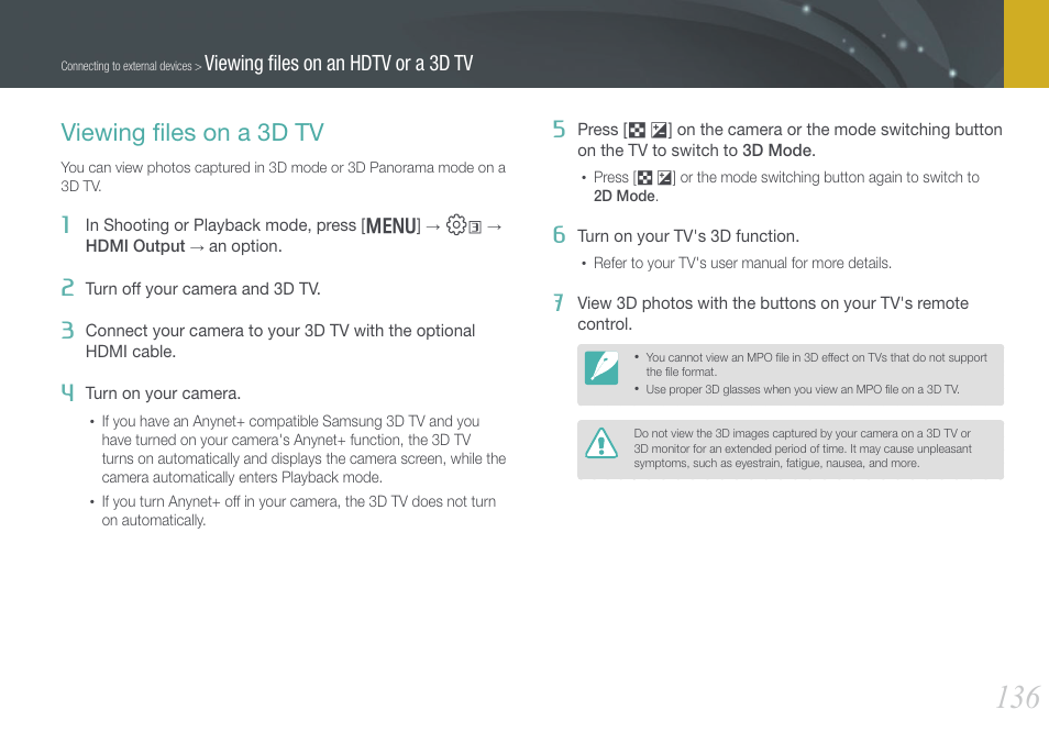 Viewing files on a 3d tv, Viewing ﬁles on a 3d tv, Viewing ﬁles on an hdtv or a 3d tv | Samsung EV-NX1000BFWUS User Manual | Page 137 / 184