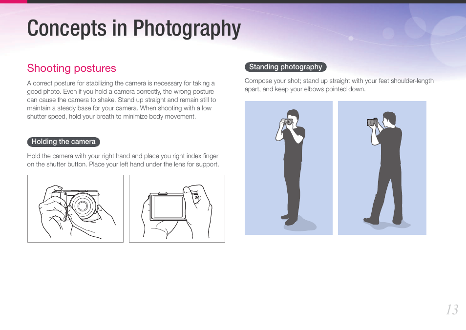 Tips, Concepts in photography, Shooting postures | Holding the camera, Standing photography, Holding the camera standing photography | Samsung EV-NX1000BFWUS User Manual | Page 14 / 184