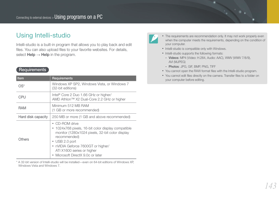 Using intelli-studio, Requirements, Using programs on a pc | Samsung EV-NX1000BFWUS User Manual | Page 144 / 184