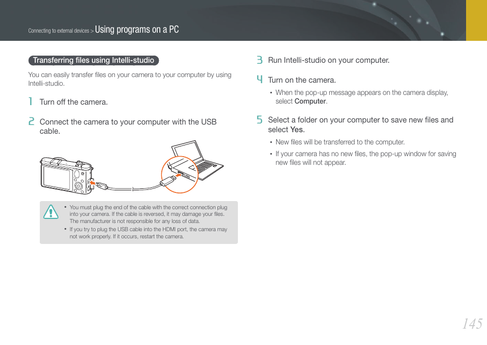 Transferring files using intelli-studio, Transferring ﬁles using intelli-studio, Using programs on a pc | Samsung EV-NX1000BFWUS User Manual | Page 146 / 184