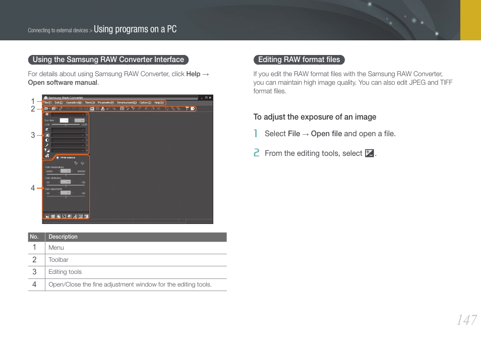 Using the samsung raw converter interface, Editing raw format files, Using programs on a pc | Samsung EV-NX1000BFWUS User Manual | Page 148 / 184