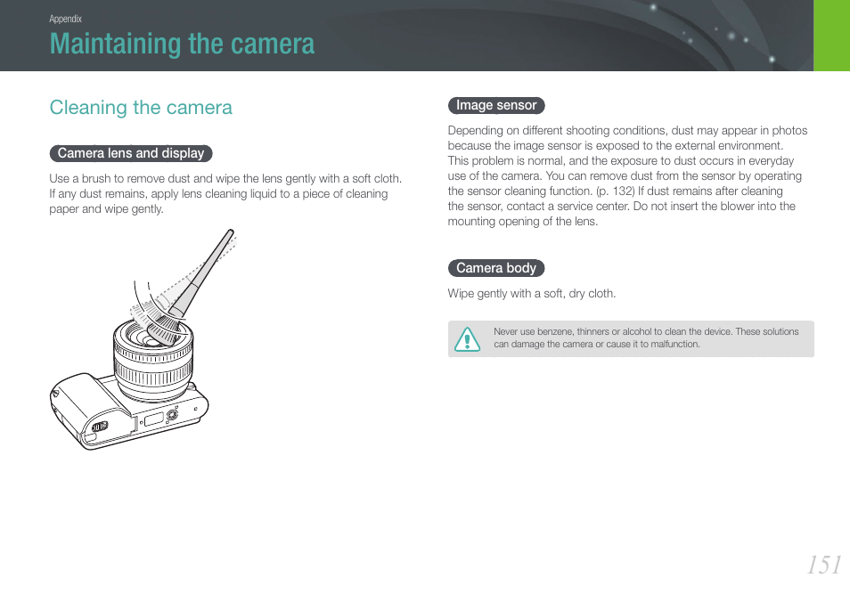 Maintaining the camera, Cleaning the camera, Camera lens and display | Image sensor, Camera body, Camera lens and display image sensor camera body | Samsung EV-NX1000BFWUS User Manual | Page 152 / 184