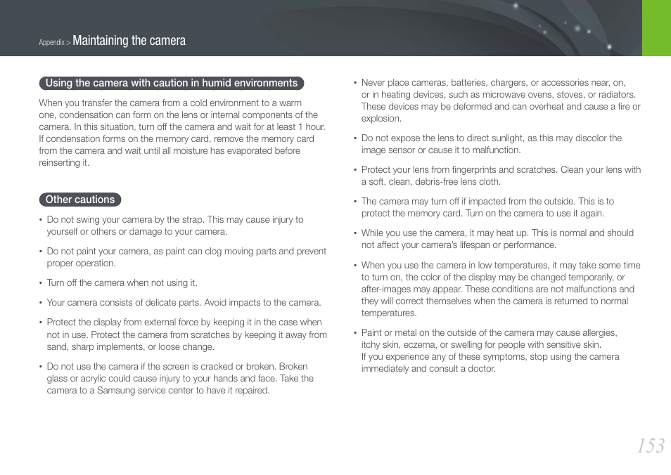 Other cautions, Maintaining the camera | Samsung EV-NX1000BFWUS User Manual | Page 154 / 184