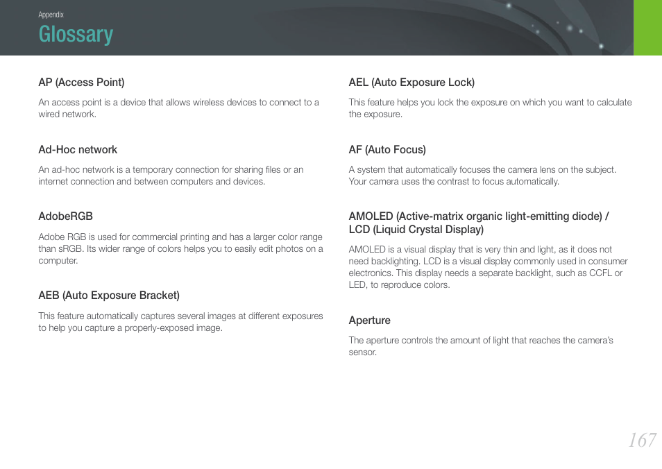 Glossary | Samsung EV-NX1000BFWUS User Manual | Page 168 / 184