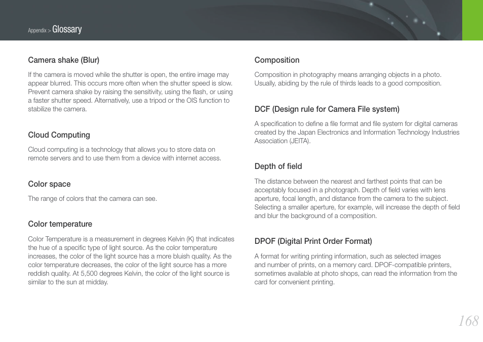 Glossary | Samsung EV-NX1000BFWUS User Manual | Page 169 / 184