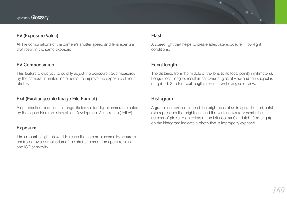 Glossary | Samsung EV-NX1000BFWUS User Manual | Page 170 / 184
