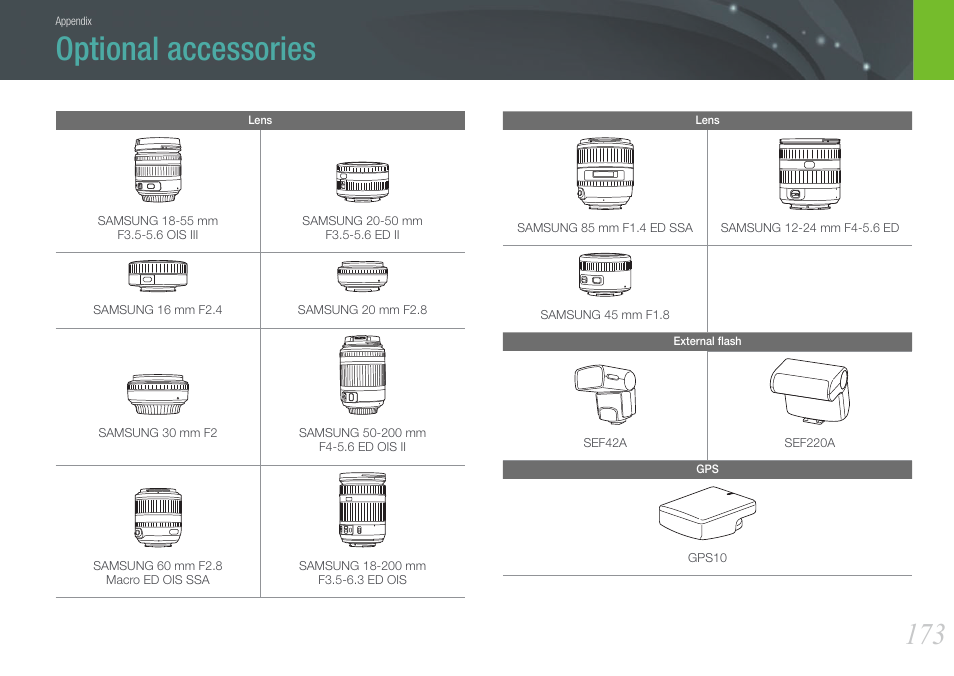 Optional accessories | Samsung EV-NX1000BFWUS User Manual | Page 174 / 184