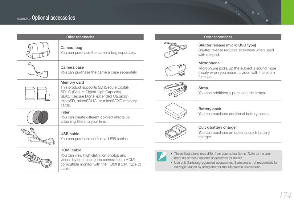 Optional accessories | Samsung EV-NX1000BFWUS User Manual | Page 175 / 184