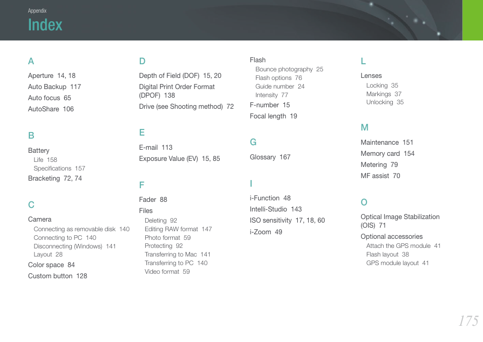 Index | Samsung EV-NX1000BFWUS User Manual | Page 176 / 184