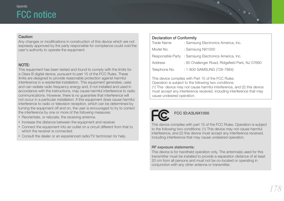 Fcc notice | Samsung EV-NX1000BFWUS User Manual | Page 179 / 184