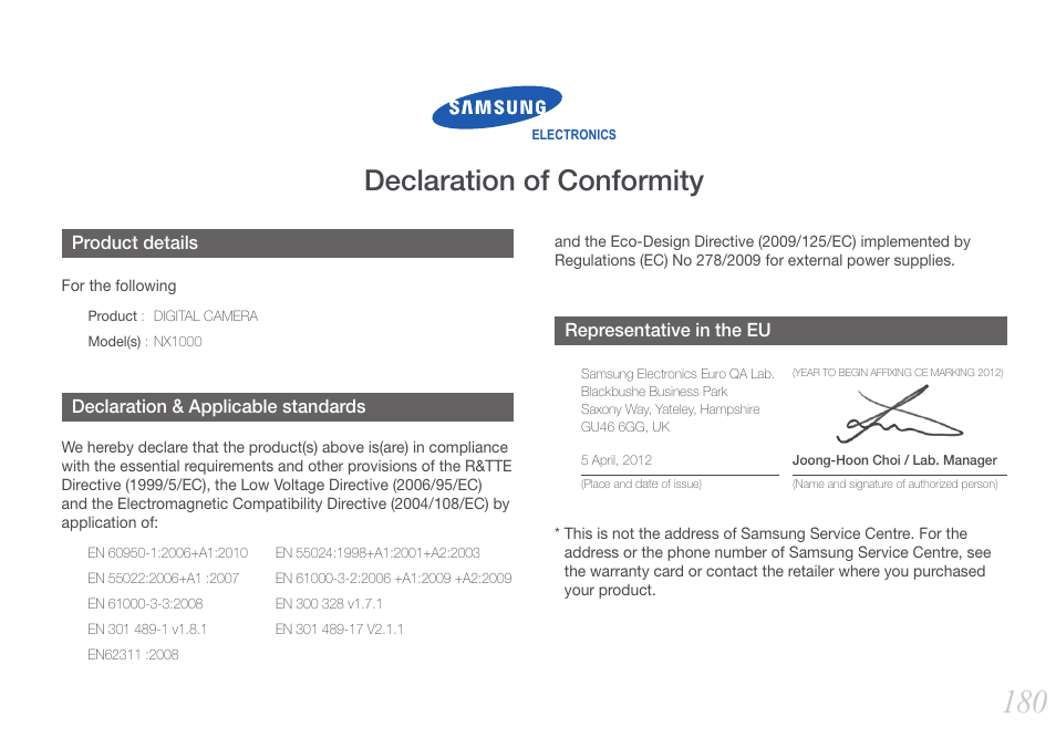 Declaration of conformity | Samsung EV-NX1000BFWUS User Manual | Page 181 / 184