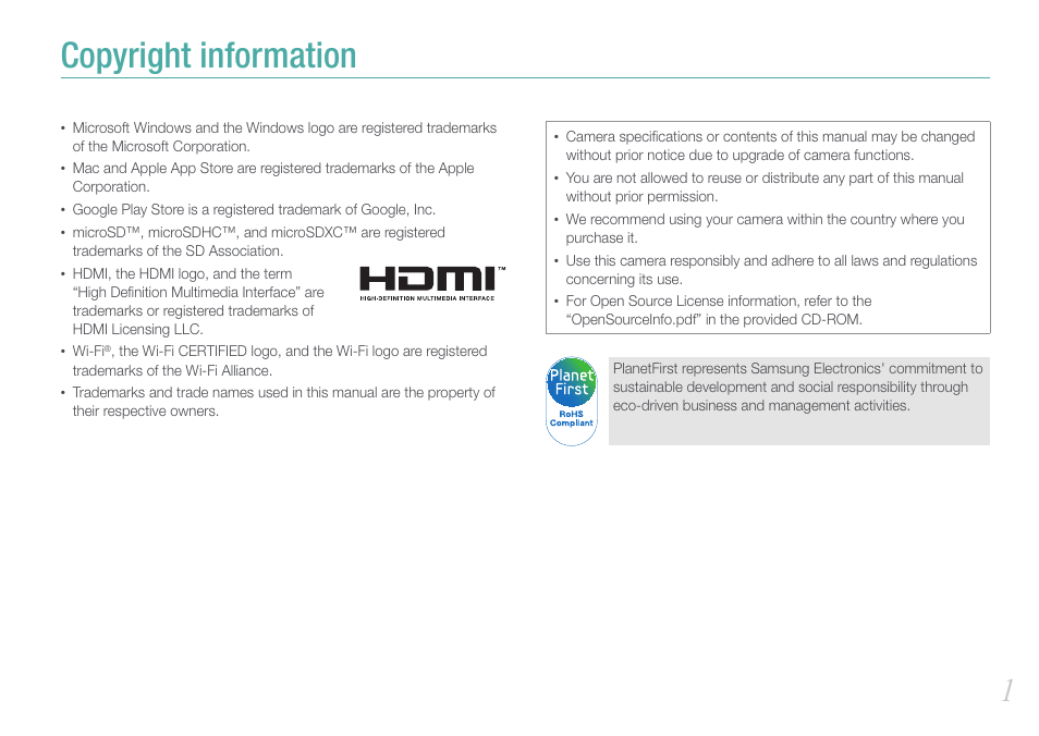 Copyright information | Samsung EV-NX1000BFWUS User Manual | Page 2 / 184