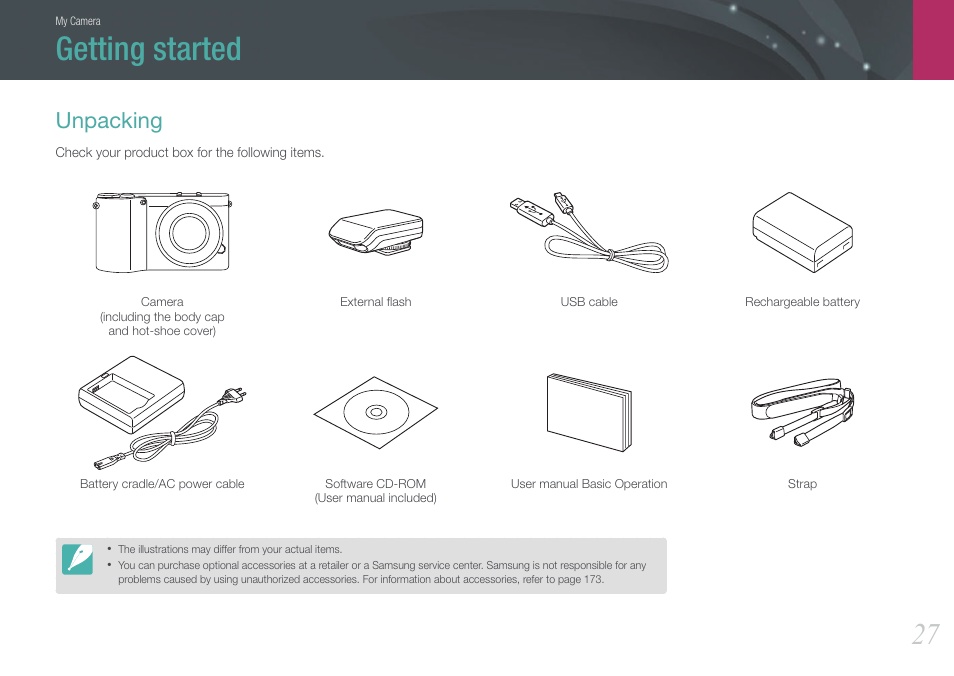 Getting started, Unpacking | Samsung EV-NX1000BFWUS User Manual | Page 28 / 184