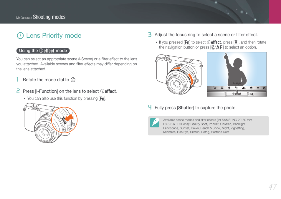 Lens priority mode, Using the i effect mode, I lens priority mode | Using the, E mode, Shooting modes | Samsung EV-NX1000BFWUS User Manual | Page 48 / 184