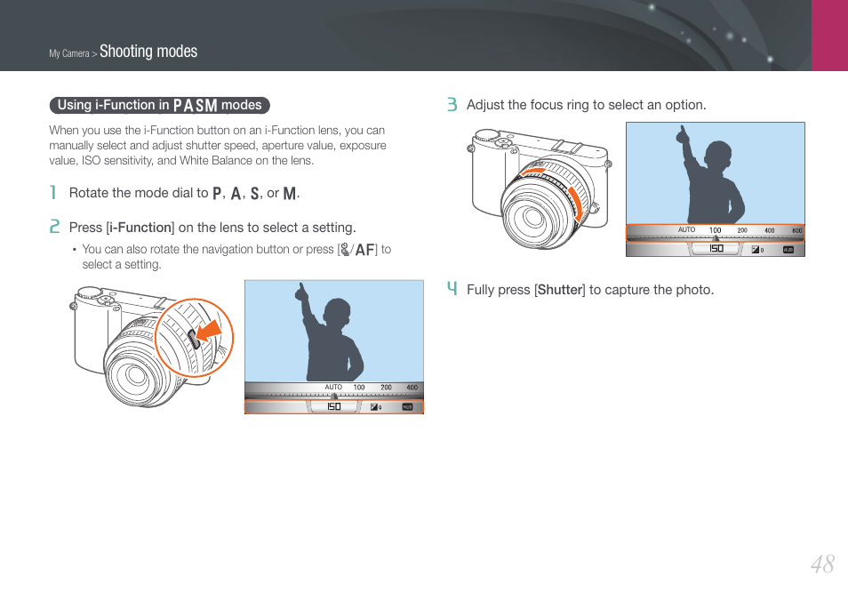 Using i-function in pasm modes, Using i-function in, Pasm modes | Shooting modes | Samsung EV-NX1000BFWUS User Manual | Page 49 / 184