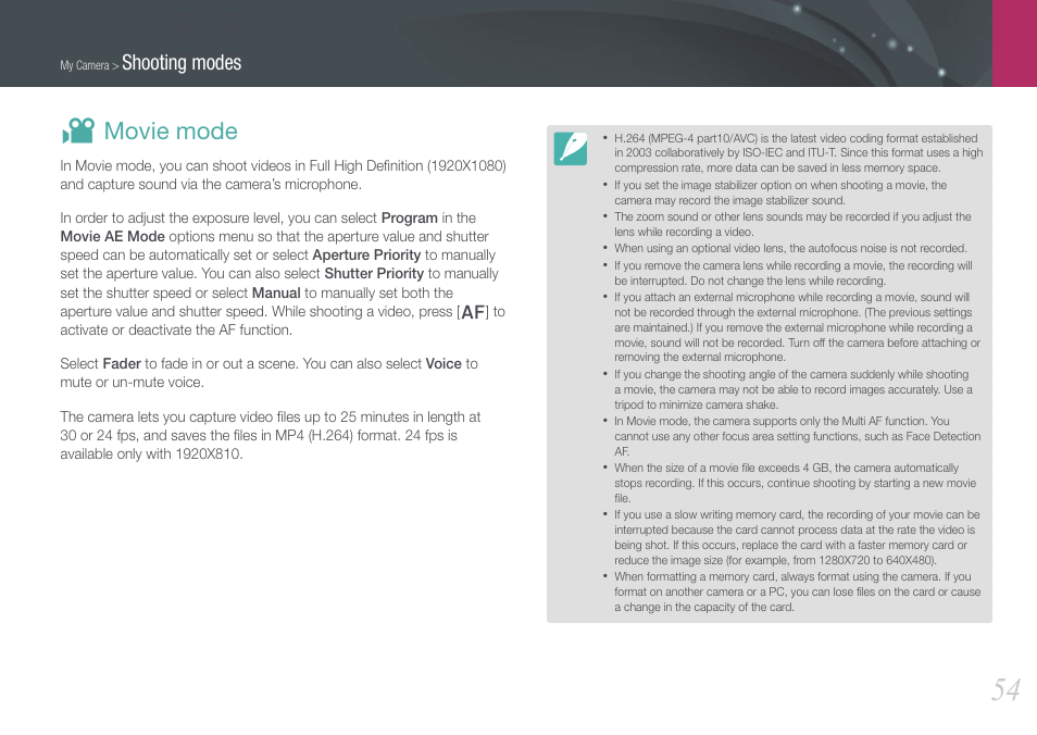 Movie mode, V movie mode, Shooting modes | Samsung EV-NX1000BFWUS User Manual | Page 55 / 184
