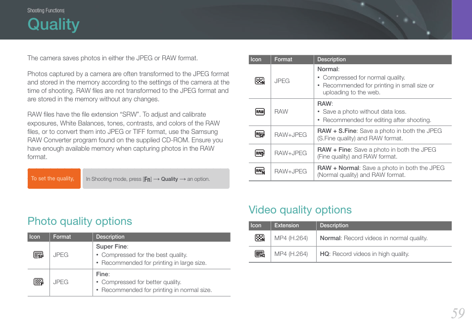 Quality, Photo quality options, Video quality options | Photo quality options video quality options | Samsung EV-NX1000BFWUS User Manual | Page 60 / 184