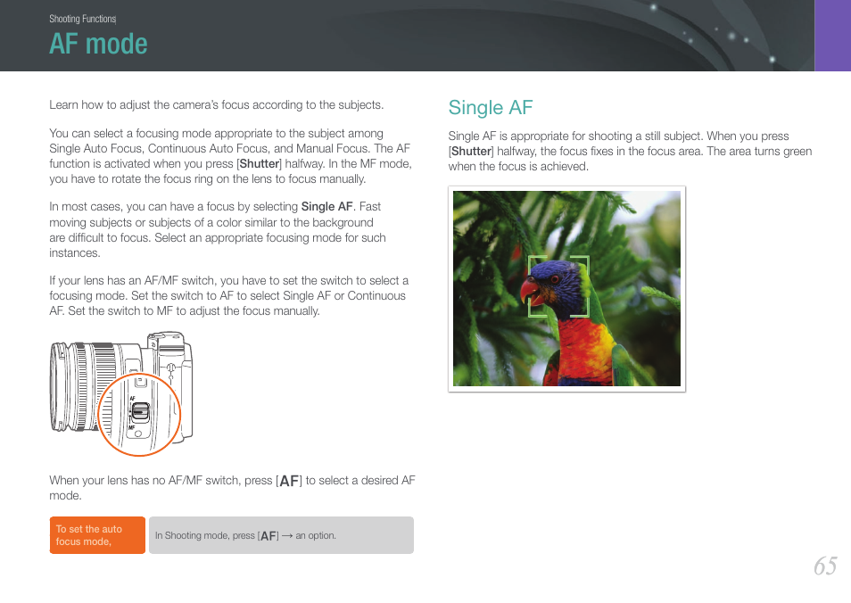 Af mode, Single af | Samsung EV-NX1000BFWUS User Manual | Page 66 / 184