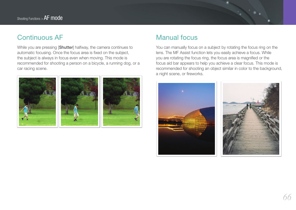 Continuous af, Manual focus, Continuous af manual focus | Samsung EV-NX1000BFWUS User Manual | Page 67 / 184