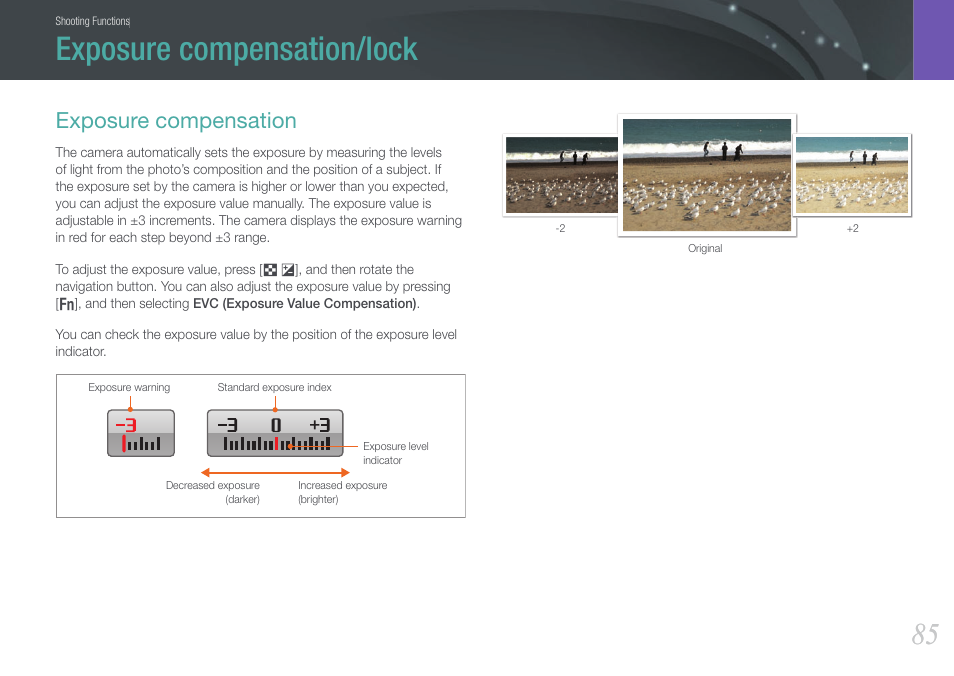 Exposure compensation/lock, Exposure compensation | Samsung EV-NX1000BFWUS User Manual | Page 86 / 184