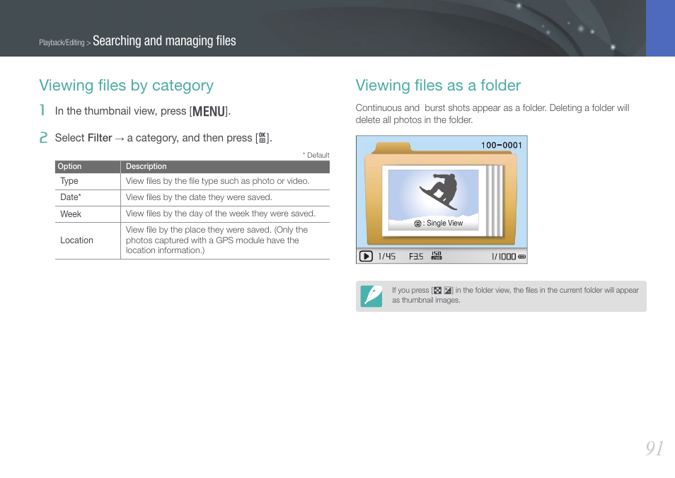 Viewing files by category, Viewing files as a folder, Viewing ﬁles by category viewing ﬁles as a folder | Viewing ﬁles by category, Viewing ﬁles as a folder, Searching and managing ﬁles | Samsung EV-NX1000BFWUS User Manual | Page 92 / 184