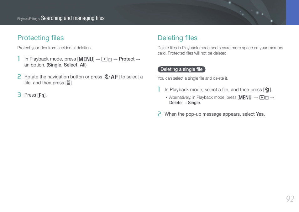 Protecting files, Deleting files, Deleting a single file | Protecting ﬁles deleting ﬁles, Deleting a single ﬁle, Protecting ﬁles, Deleting ﬁles, Searching and managing ﬁles | Samsung EV-NX1000BFWUS User Manual | Page 93 / 184