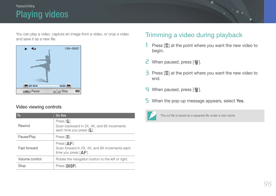 Playing videos, Trimming a video during playback | Samsung EV-NX1000BFWUS User Manual | Page 97 / 184