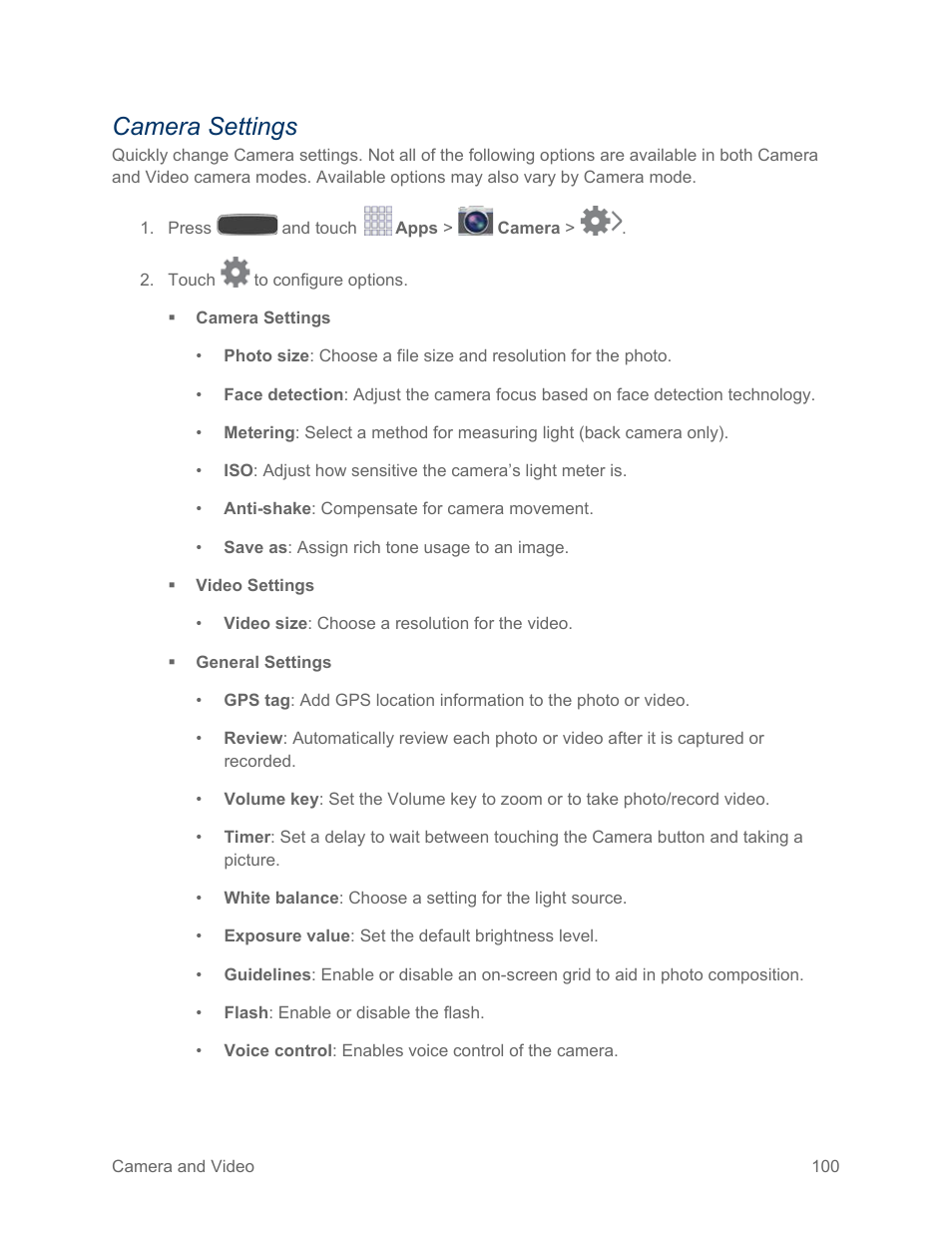 Camera settings, Camera, Settings | Samsung SPH-L600ZKASPR User Manual | Page 101 / 158