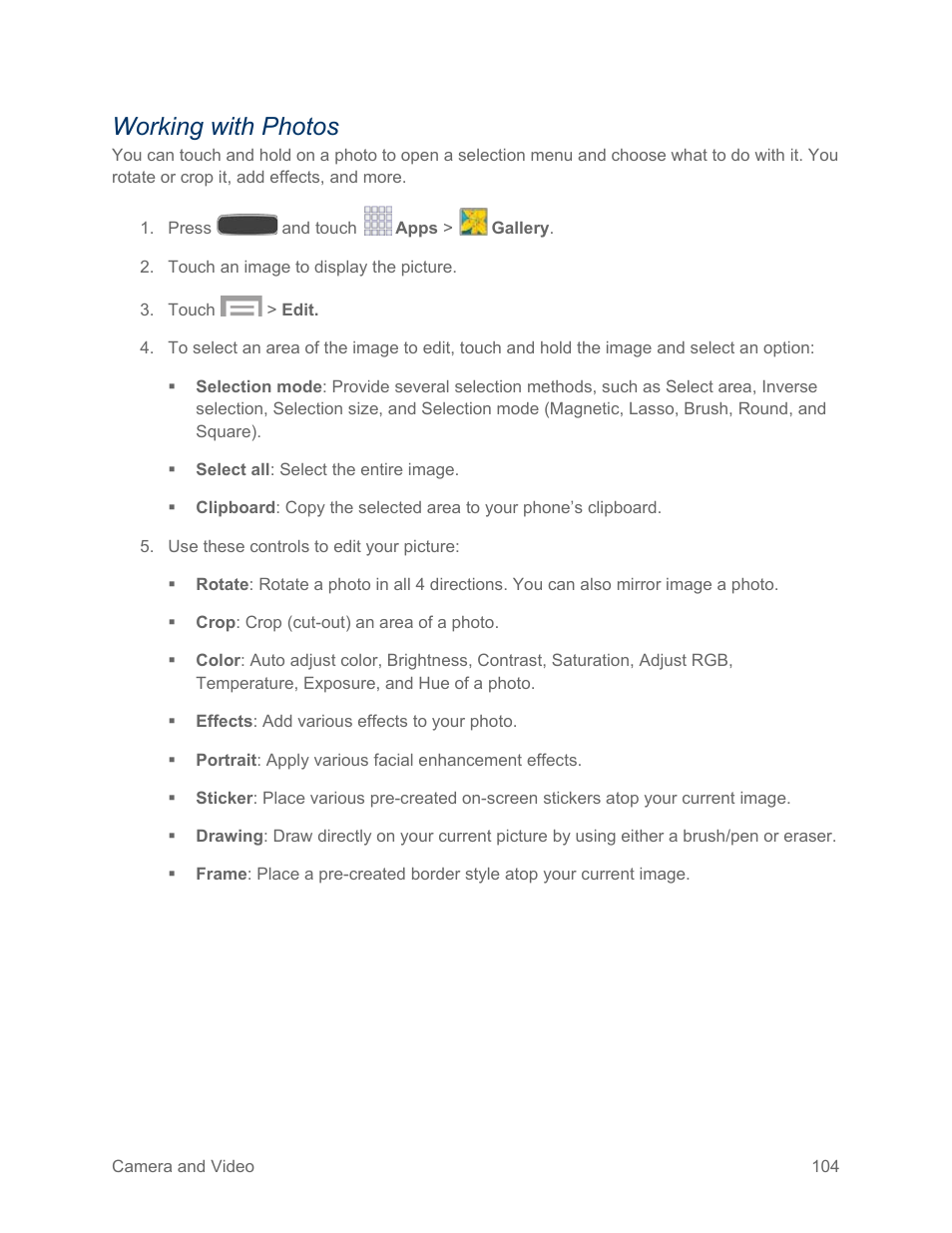 Working with photos | Samsung SPH-L600ZKASPR User Manual | Page 105 / 158