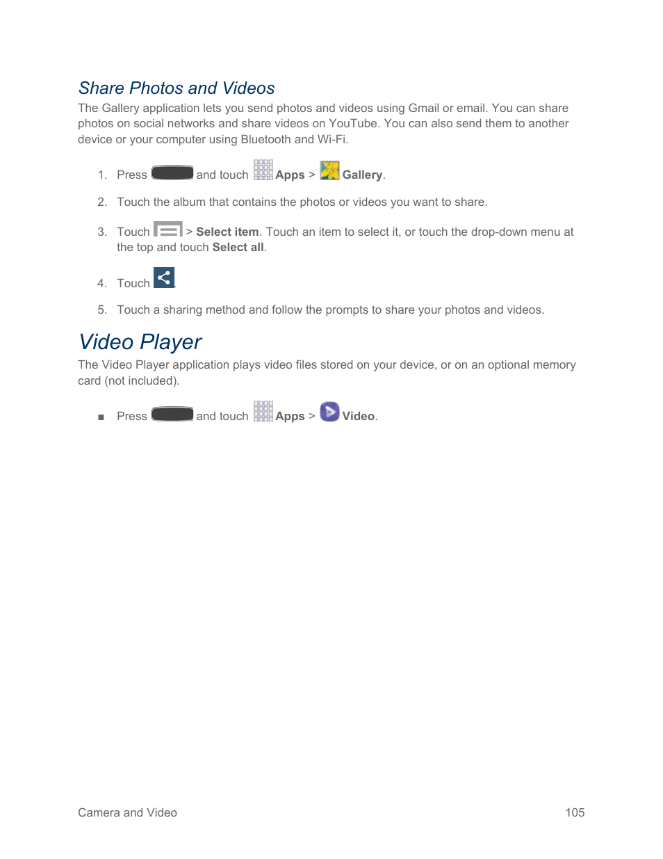 Share photos and videos, Video player | Samsung SPH-L600ZKASPR User Manual | Page 106 / 158