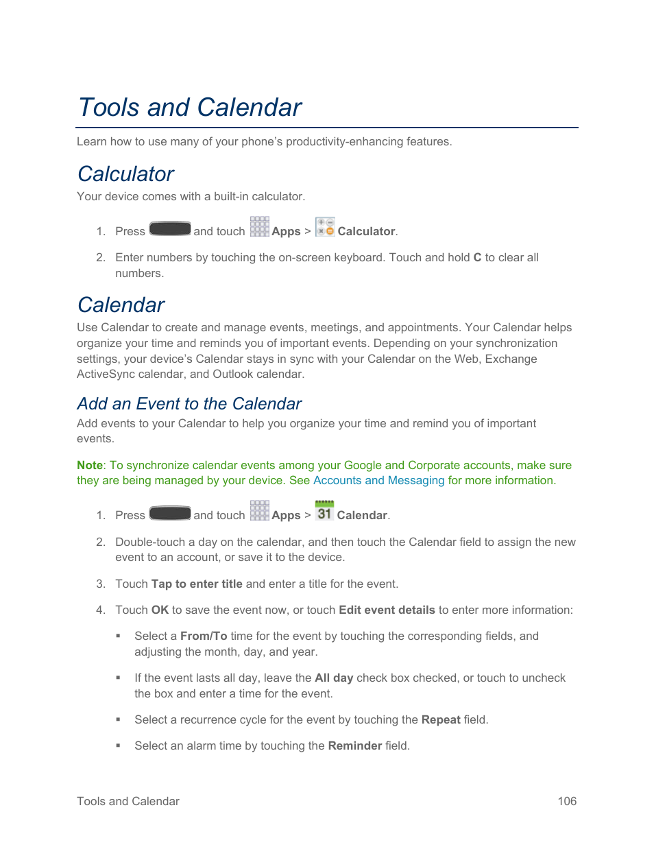 Tools and calendar, Calculator, Calendar | Add an event to the calendar | Samsung SPH-L600ZKASPR User Manual | Page 107 / 158