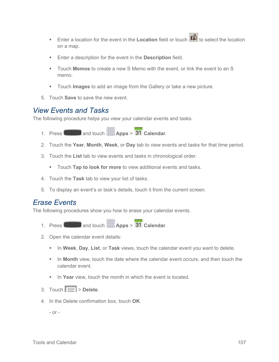 View events and tasks, Erase events | Samsung SPH-L600ZKASPR User Manual | Page 108 / 158