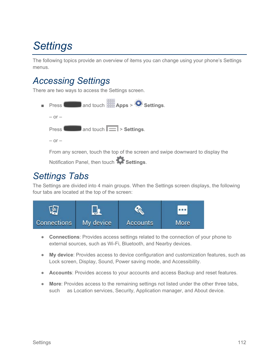 Settings, Accessing settings, Settings tabs | Samsung SPH-L600ZKASPR User Manual | Page 113 / 158