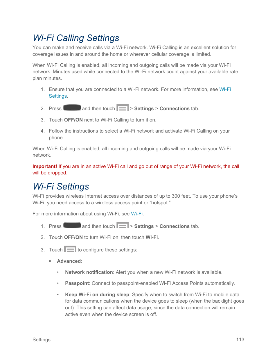 Wi-fi calling settings, Wi-fi settings, Wi-fi calling | Settings, E wi-fi | Samsung SPH-L600ZKASPR User Manual | Page 114 / 158