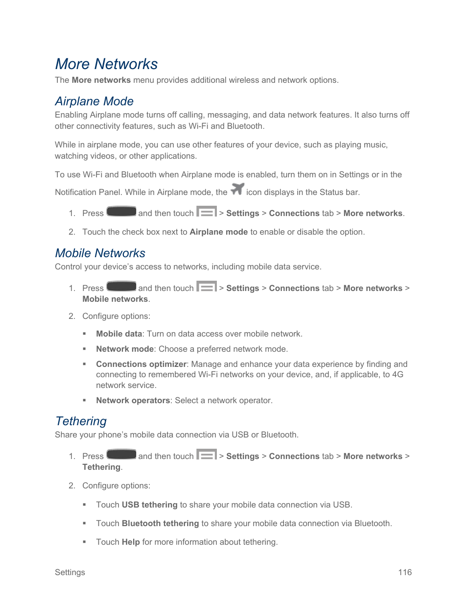 More networks, Airplane mode, Mobile networks | Tethering, Airplane, Mode | Samsung SPH-L600ZKASPR User Manual | Page 117 / 158