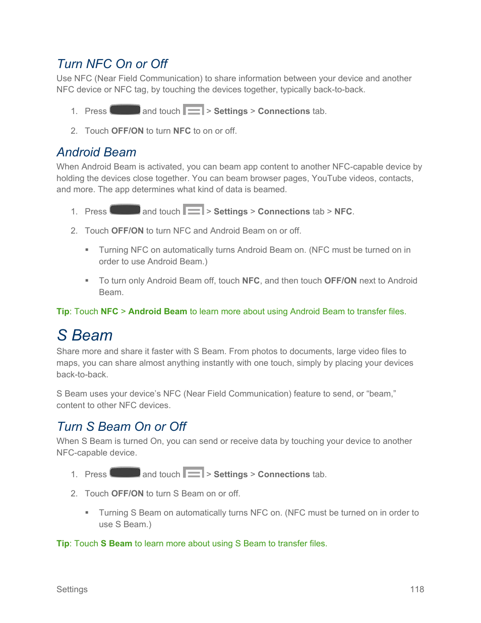 Turn nfc on or off, Android beam, S beam | Turn s beam on or off | Samsung SPH-L600ZKASPR User Manual | Page 119 / 158