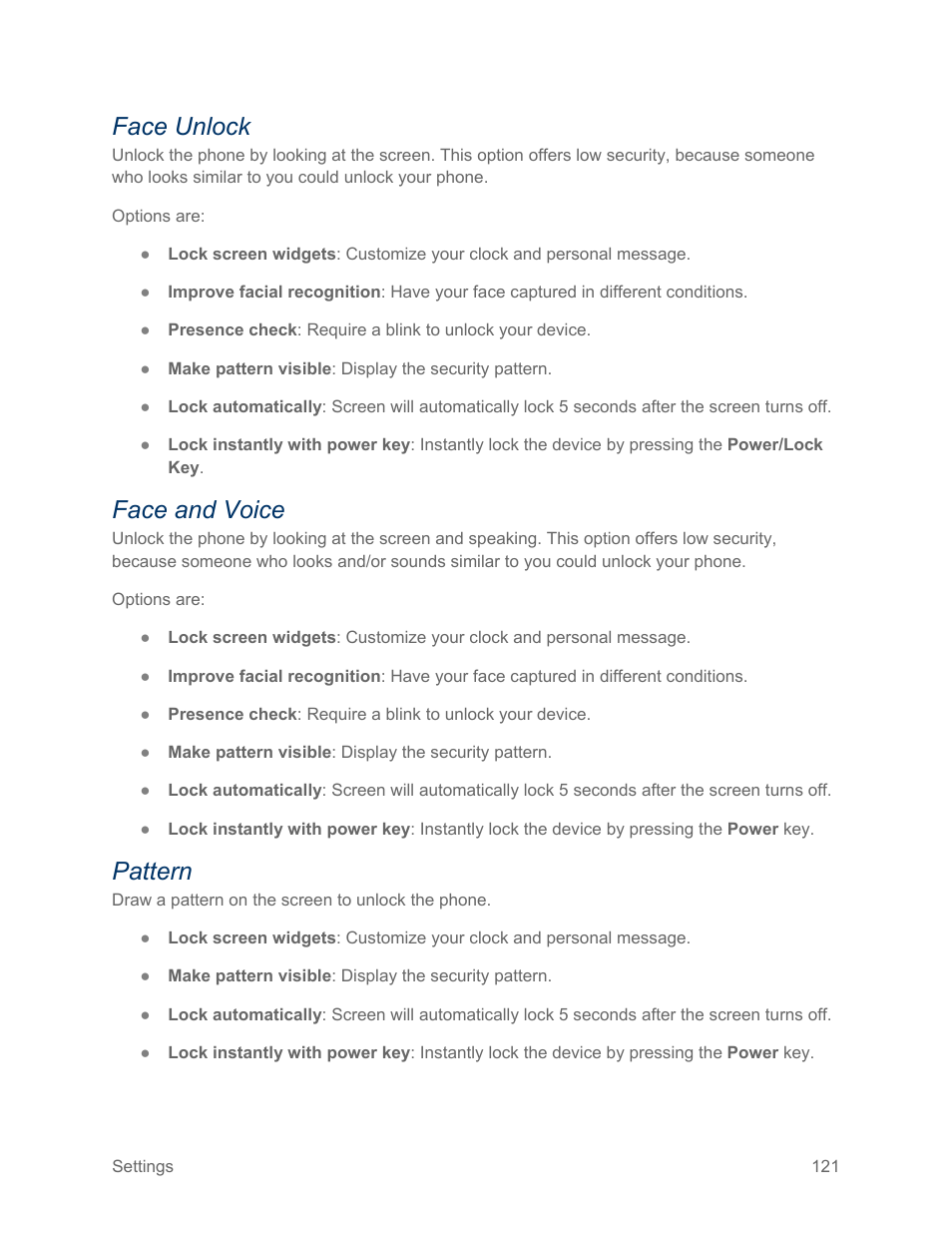 Face unlock, Face and voice, Pattern | Samsung SPH-L600ZKASPR User Manual | Page 122 / 158