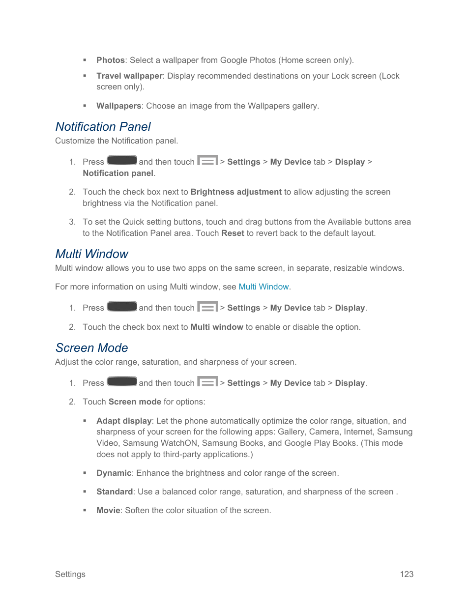 Notification panel, Multi window, Screen mode | Samsung SPH-L600ZKASPR User Manual | Page 124 / 158
