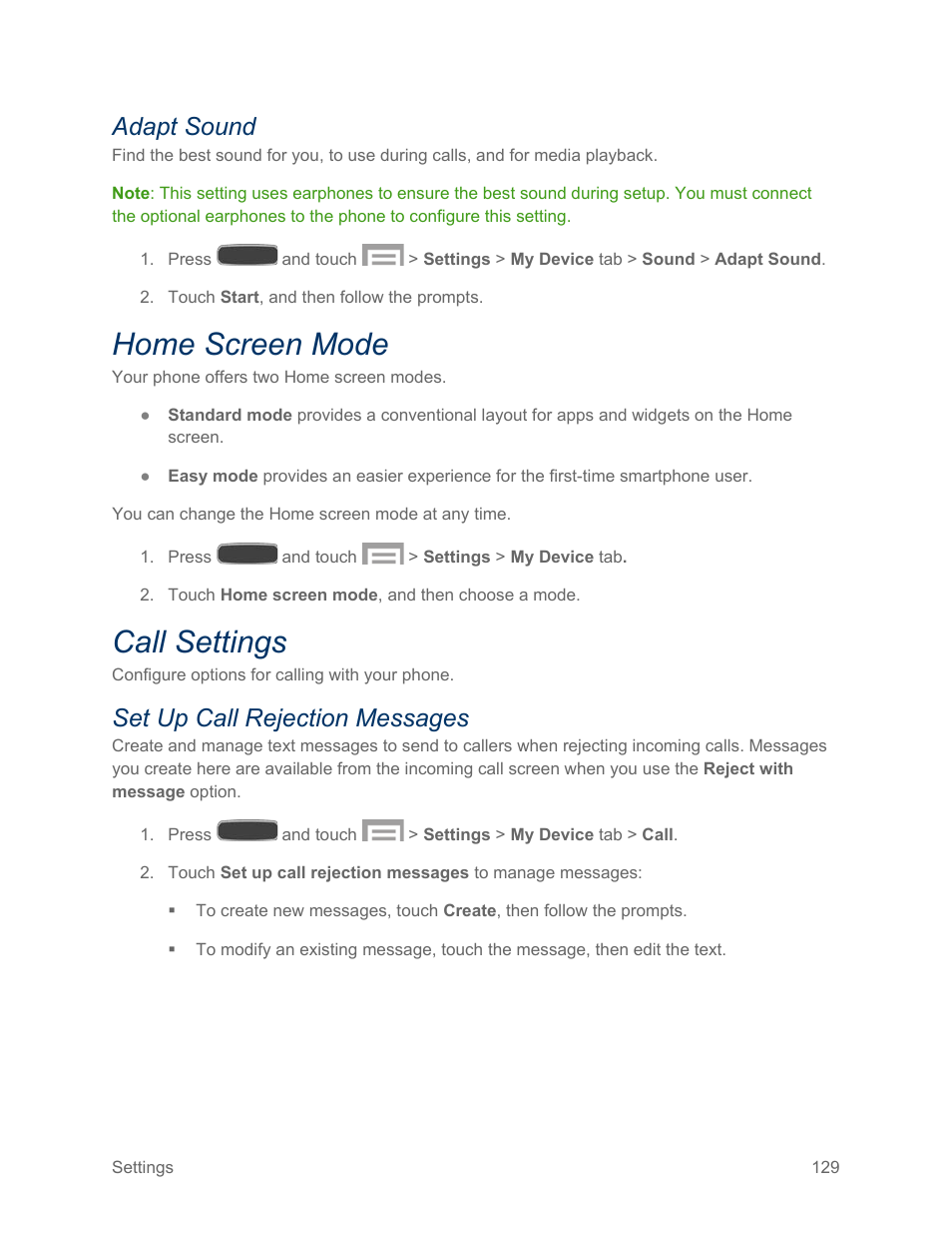 Adapt sound, Home screen mode, Call settings | Set up call rejection messages | Samsung SPH-L600ZKASPR User Manual | Page 130 / 158