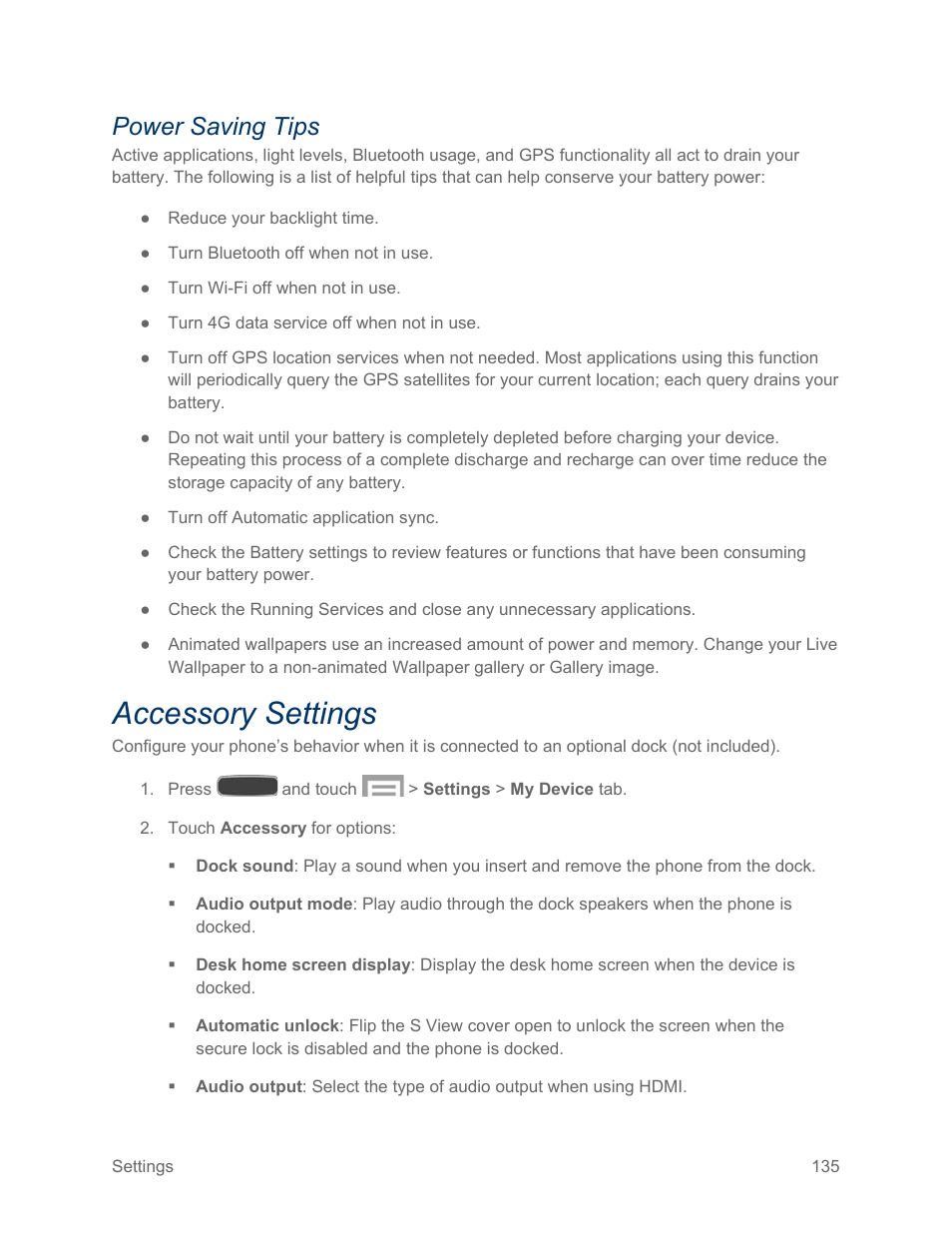 Power saving tips, Accessory settings | Samsung SPH-L600ZKASPR User Manual | Page 136 / 158