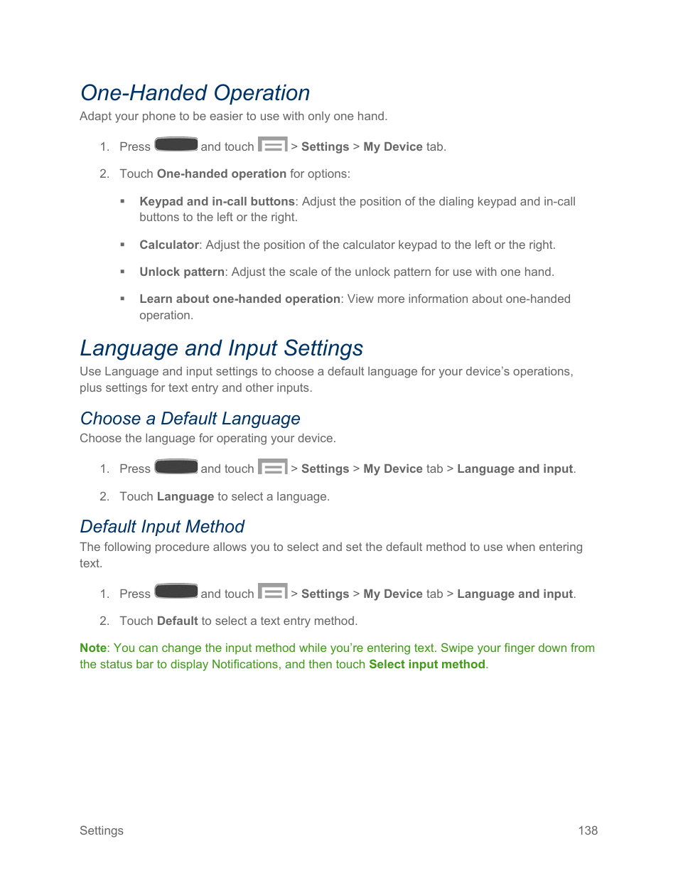 One-handed operation, Language and input settings, Choose a default language | Default input method | Samsung SPH-L600ZKASPR User Manual | Page 139 / 158