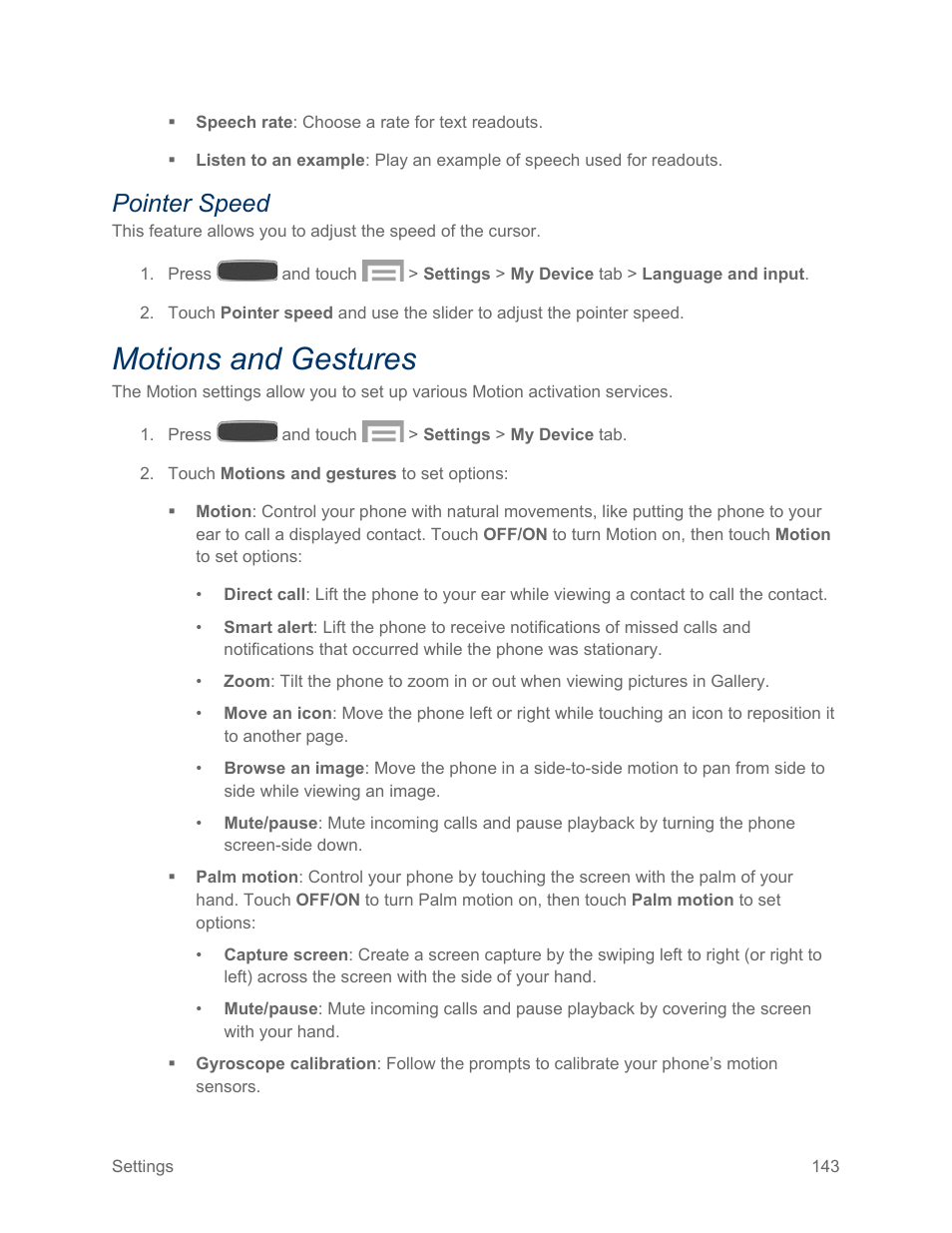 Pointer speed, Motions and gestures | Samsung SPH-L600ZKASPR User Manual | Page 144 / 158