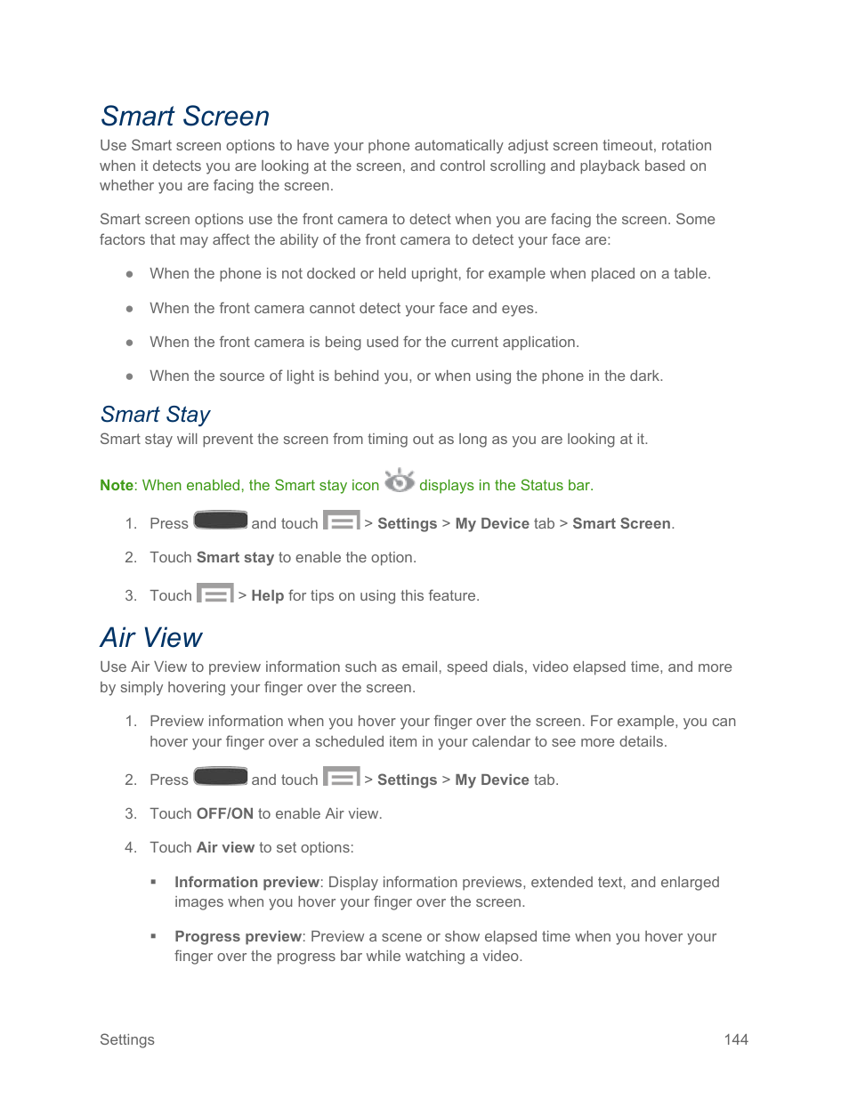 Smart screen, Smart stay, Air view | Samsung SPH-L600ZKASPR User Manual | Page 145 / 158
