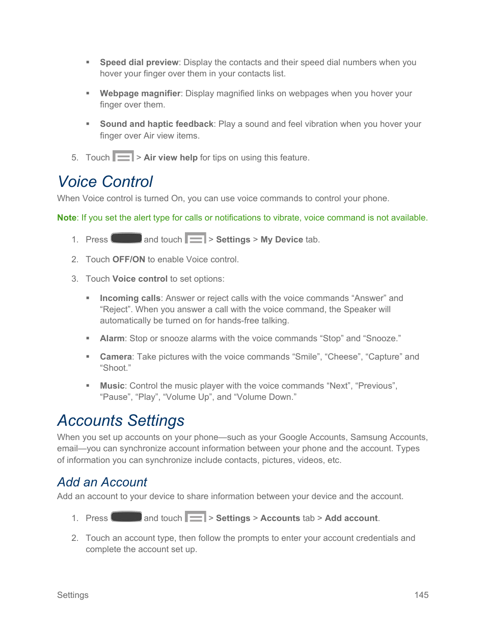 Voice control, Accounts settings, Add an account | Samsung SPH-L600ZKASPR User Manual | Page 146 / 158