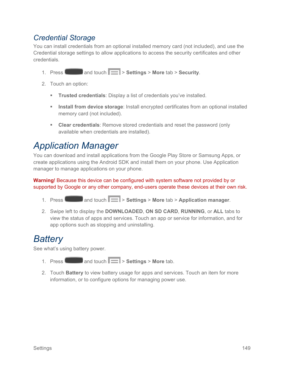 Credential storage, Application manager, Battery | Samsung SPH-L600ZKASPR User Manual | Page 150 / 158
